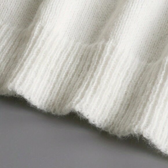 White Casual Women's Autumn/Winter Solid Color Frilled Edge V-Neck Sweater - Picture 5 of 6